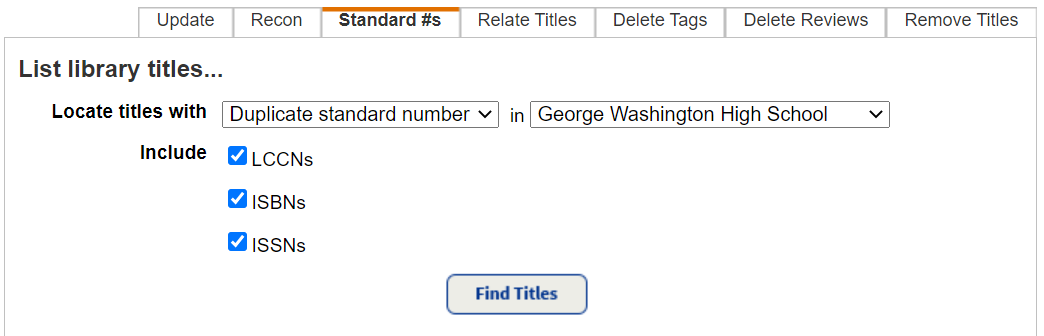 Standard numbers sub-tab.